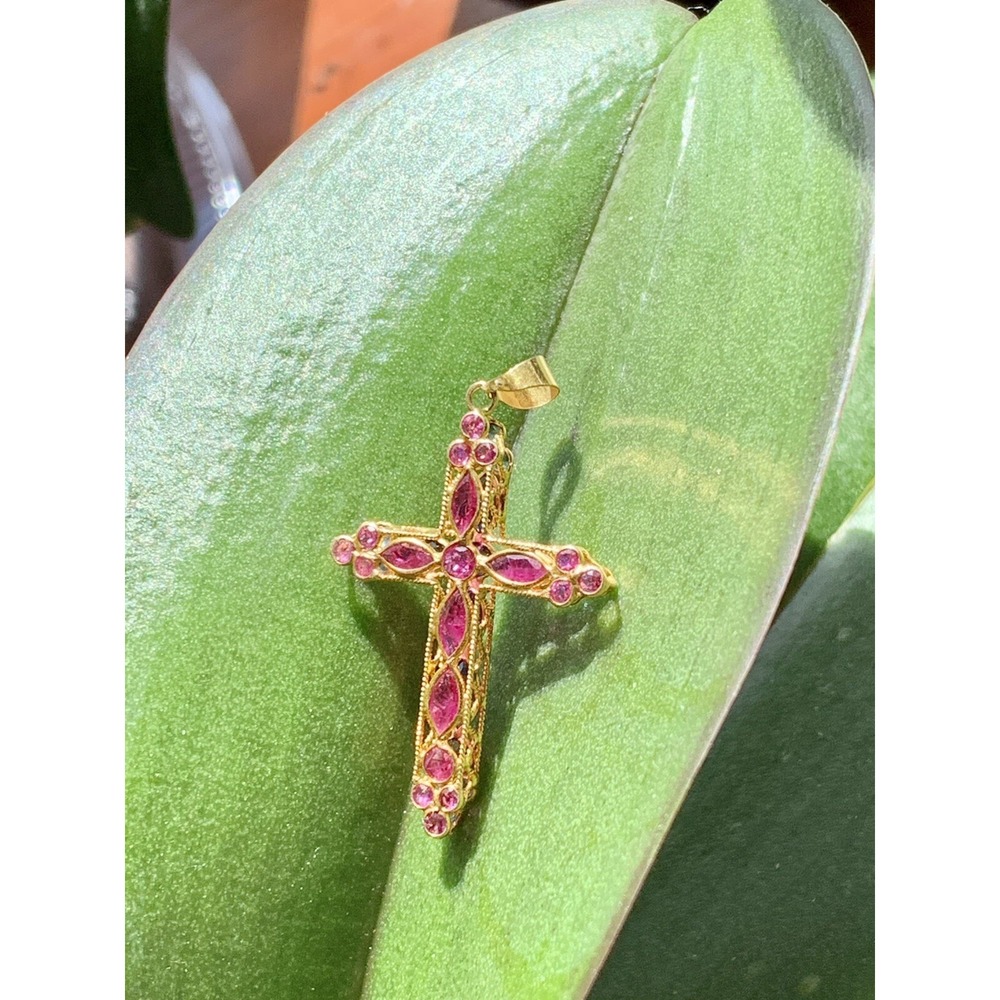 Vintage Solid 18K Natural Ruby And Blue Sapphire Reversible Cross Pendant